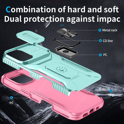 For iPhone 16 Sliding Camshield Holder Phone Case(Grey Green + Pink) - iPhone 16 Cases by buy2fix | Online Shopping UK | buy2fix