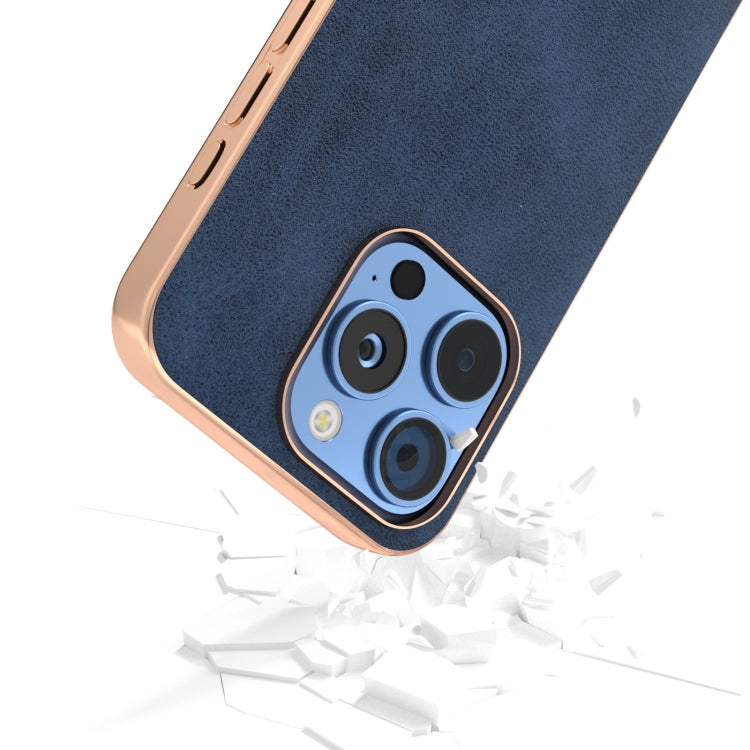 For iPhone 16 Pro Max Nano Electroplating Dual Color Cowhide Texture Protective Phone Case(Blue) - iPhone 16 Pro Max Cases by buy2fix | Online Shopping UK | buy2fix