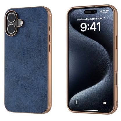 For iPhone 16 Plus Nano Electroplating Dual Color Cowhide Texture Protective Phone Case(Blue) - iPhone 16 Plus Cases by buy2fix | Online Shopping UK | buy2fix