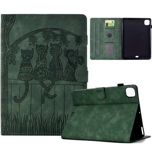 For iPad Pro 11 2024 Cats Embossed Leather Smart Tablet Case(Green) - iPad Pro 11 2024 Cases by buy2fix | Online Shopping UK | buy2fix