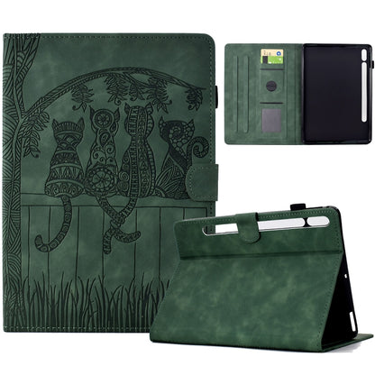 For Samsung Galaxy Tab S9 / S9 FE Cats Embossed Leather Smart Tablet Case(Green) - Galaxy Tab S9 Cases by buy2fix | Online Shopping UK | buy2fix