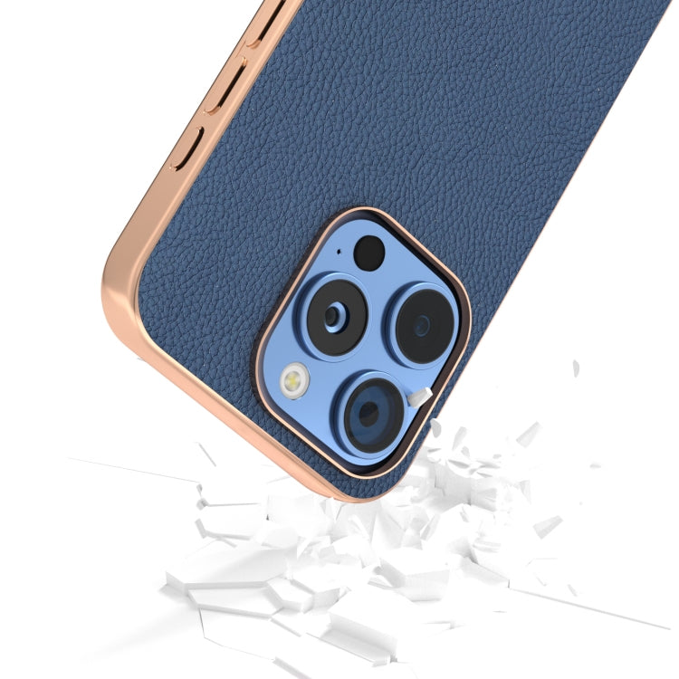 For iPhone 16 Pro ABEEL Electroplating Frame Genuine Leather + PC Litchi Texture Phone Case(Blue) - iPhone 16 Pro Cases by buy2fix | Online Shopping UK | buy2fix