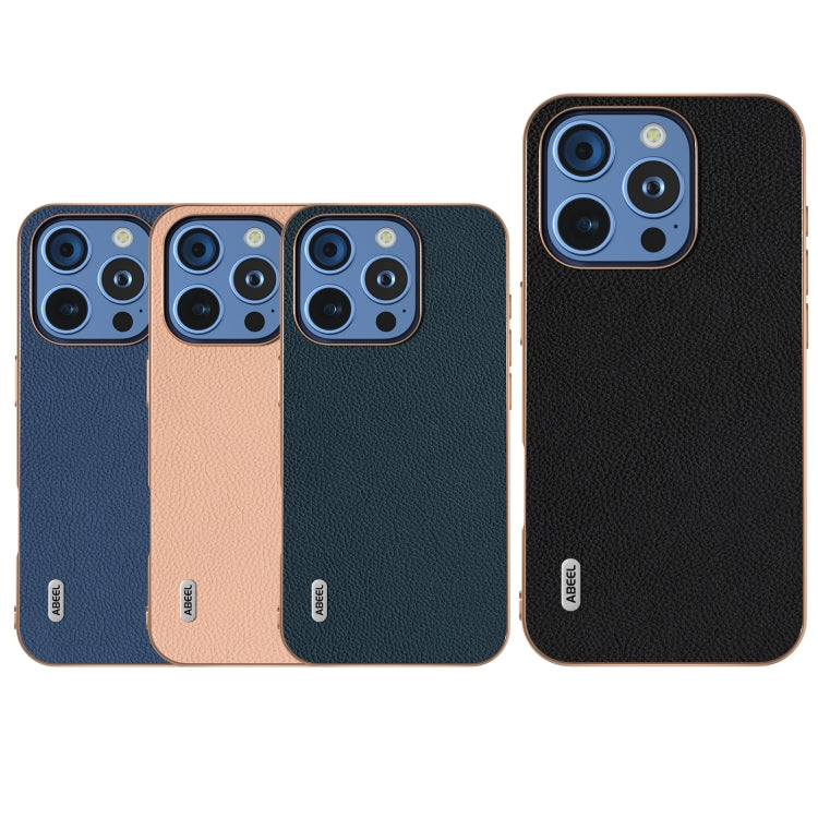 For iPhone 16 Pro ABEEL Electroplating Frame Genuine Leather + PC Litchi Texture Phone Case(Blue) - iPhone 16 Pro Cases by buy2fix | Online Shopping UK | buy2fix