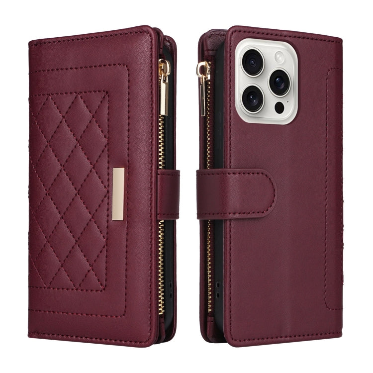 For iPhone 16 Pro Crossbody Zipper Wallet Rhombus Leather Phone Case(Wine Red) - iPhone 16 Pro Cases by buy2fix | Online Shopping UK | buy2fix