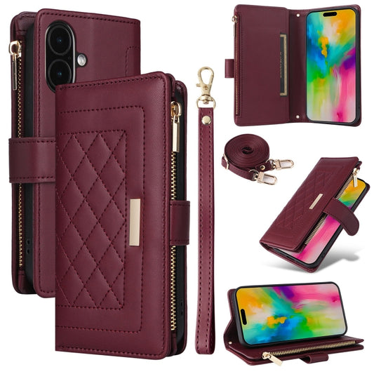 For iPhone 16 Crossbody Zipper Wallet Rhombus Leather Phone Case(Wine Red) - iPhone 16 Cases by buy2fix | Online Shopping UK | buy2fix