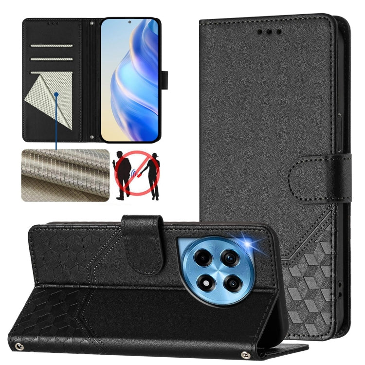 For OnePlus 12 5G Global Honeycomb Embossing RFID Leather Phone Case(Black) - OnePlus Cases by buy2fix | Online Shopping UK | buy2fix