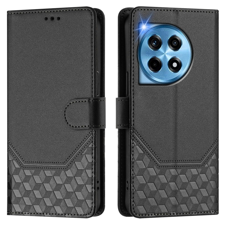 For OnePlus 12 5G Global Honeycomb Embossing RFID Leather Phone Case(Black) - OnePlus Cases by buy2fix | Online Shopping UK | buy2fix