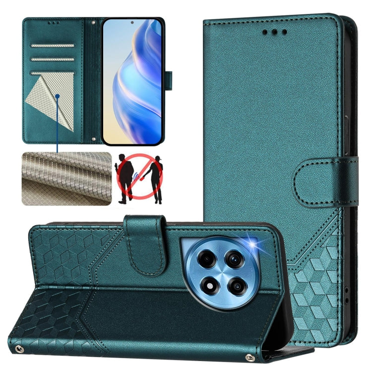 For OnePlus 12 5G Global Honeycomb Embossing RFID Leather Phone Case(Peacock Green) - OnePlus Cases by buy2fix | Online Shopping UK | buy2fix