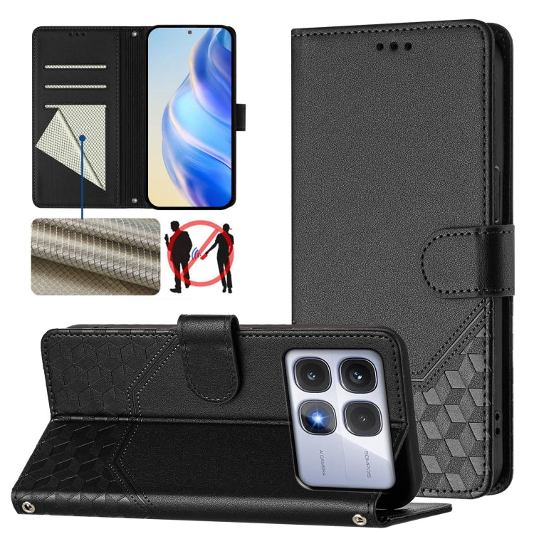 For Redmi K70 Ultra 5G Honeycomb Embossing RFID Leather Phone Case(Black) - Xiaomi Cases by buy2fix | Online Shopping UK | buy2fix