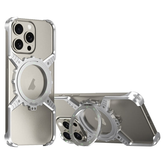 For iPhone 16 Plus / 15 Pro Max Mechanical Gear MagSafe Holder Borderless Metal Phone Case(Silver) - iPhone 16 Plus Cases by buy2fix | Online Shopping UK | buy2fix