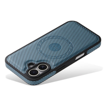 For iPhone 16 Plus Denior Carbon Fiber Texture Leather MagSafe Phone Case(Blue) - iPhone 16 Plus Cases by Denior | Online Shopping UK | buy2fix