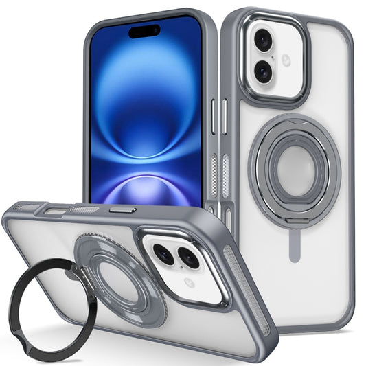 For iPhone 16 Skin Feel Transparent 360 Degree Rotating Silicone Ring Holder Phone Case(Grey) - iPhone 16 Cases by buy2fix | Online Shopping UK | buy2fix