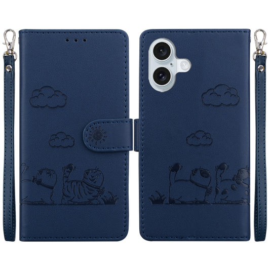 For iPhone 16 Plus Cute Cats RFID Leather Phone Case(Blue) - iPhone 16 Plus Cases by buy2fix | Online Shopping UK | buy2fix