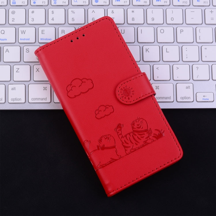 For iPhone 16e Cute Cats RFID Leather Phone Case(Red) - iPhone 16e Cases by buy2fix | Online Shopping UK | buy2fix