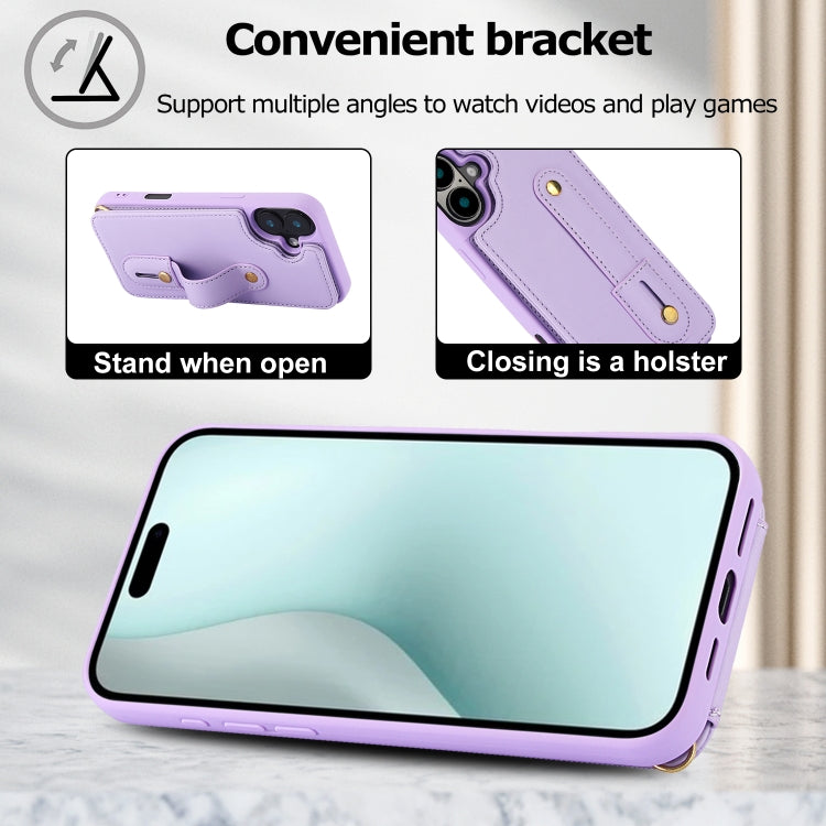 For iPhone 16 Plus Wristband Vertical Flip Wallet Back Cover Phone Case with Long Lanyard(Purple) - iPhone 16 Plus Cases by buy2fix | Online Shopping UK | buy2fix