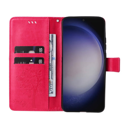 For Samsung Galaxy S25 / S24 5G Tree & Cat Embossed Pattern Flip Leather Phone Case(Rose Red) - Galaxy S25 5G Cases by buy2fix | Online Shopping UK | buy2fix