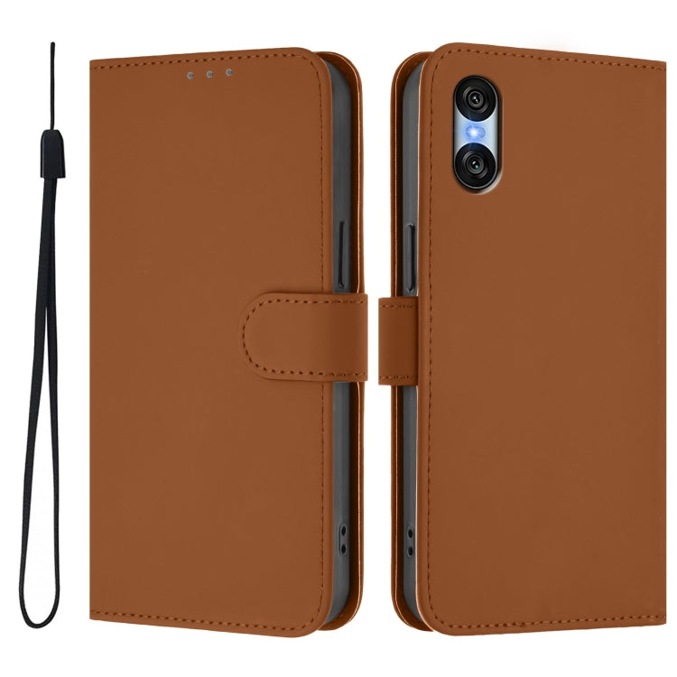 For Sony Xperia 10 VI 2024 Skin Feel Solid Color Leather Phone Case with Lanyard(Brown) - Sony Cases by buy2fix | Online Shopping UK | buy2fix