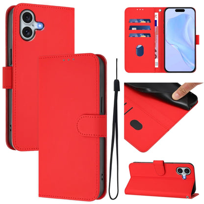 For iPhone 16 Plus Skin Feel Solid Color Leather Phone Case with Lanyard(Red) - iPhone 16 Plus Cases by buy2fix | Online Shopping UK | buy2fix