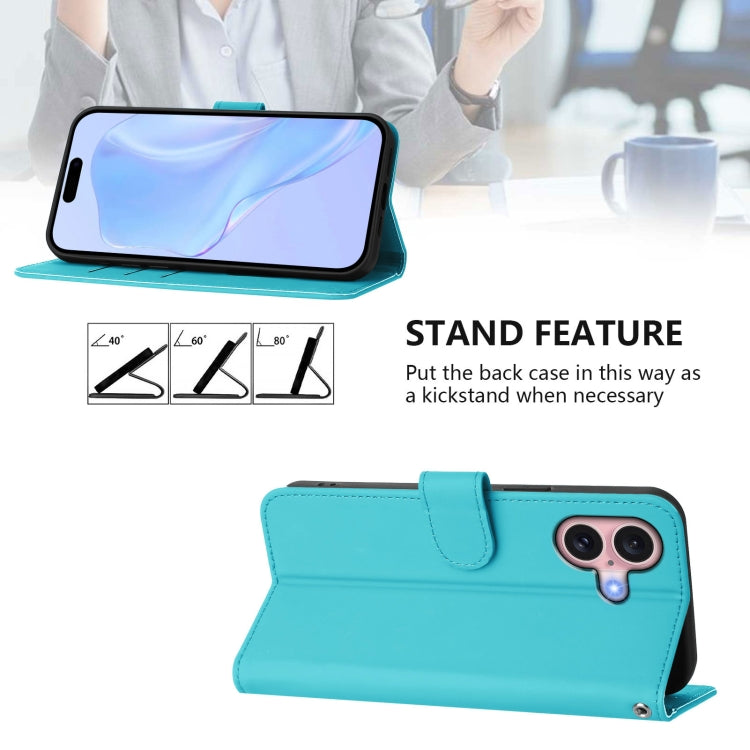 For iPhone 16 Skin Feel Solid Color Leather Phone Case with Lanyard(Lake Blue) - iPhone 16 Cases by buy2fix | Online Shopping UK | buy2fix