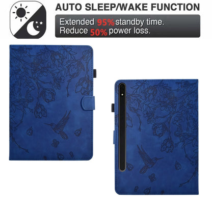 For Samsung Galaxy Tab S9 Flowers and Bird Embossed Smart Leather Tablet Case(Dark Blue) - Galaxy Tab S9 Cases by buy2fix | Online Shopping UK | buy2fix