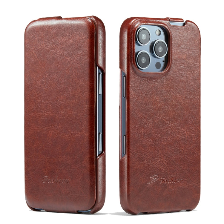 For iPhone 16 Pro Max Fierre Shann 64 Texture Vertical Flip PU Leather Phone Case(Brown) - iPhone 16 Pro Max Cases by FIERRE SHANN | Online Shopping UK | buy2fix