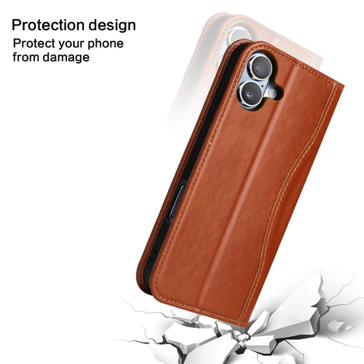 For iPhone 16 Fierre Shann Cowhide Leather Flip Leather Phone Case(Brown) - iPhone 16 Cases by FIERRE SHANN | Online Shopping UK | buy2fix