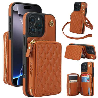 For iPhone 16 Pro Max AwQuer Crossbody Zipper Wallet Rhombic Leather Back Phone Case(Brown) - iPhone 16 Pro Max Cases by Awquer | Online Shopping UK | buy2fix