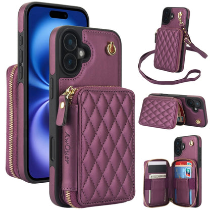 For iPhone 16 Plus AwQuer Crossbody Zipper Wallet Rhombic Leather Back Phone Case(Dark Purple) - iPhone 16 Plus Cases by Awquer | Online Shopping UK | buy2fix