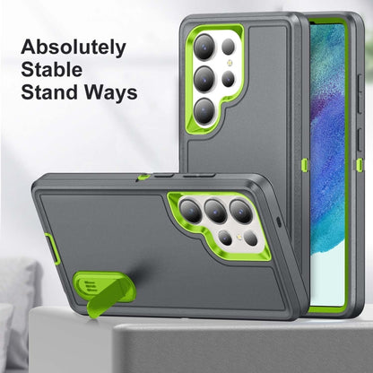 For Samsung Galaxy S25 Ultra 5G Rugged PC Hybrid Silicone Phone Case with Holder(Grey+Fresh Green) - Galaxy S25 Ultra 5G Cases by buy2fix | Online Shopping UK | buy2fix