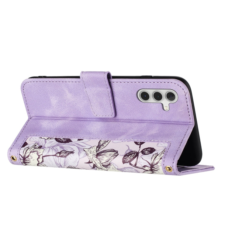 For Samsung Galaxy S25 5G Floral Pattern Leather Phone Case with Lanyard(Light Purple) - Galaxy S25 5G Cases by buy2fix | Online Shopping UK | buy2fix