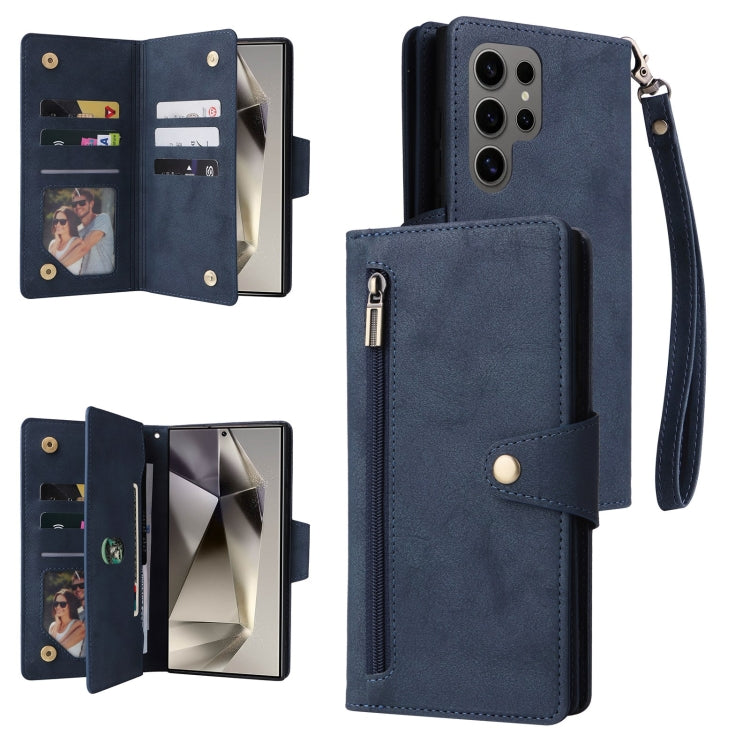 For Samsung Galaxy S25 Ultra 5G Rivet Buckle 9 Cards Three Fold Leather Phone Case(Blue) - Galaxy S25 Ultra 5G Cases by buy2fix | Online Shopping UK | buy2fix