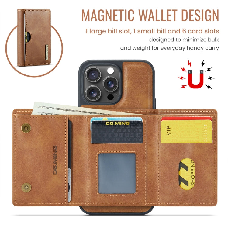 For iPhone 16 Pro DG.MING M6 Series RFID Tri-fold Card Bag Removable Leather Phone Case(Brown) - iPhone 16 Pro Cases by DG.MING | Online Shopping UK | buy2fix