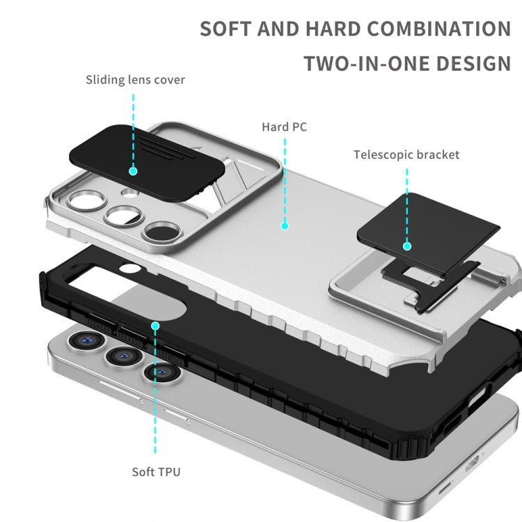 For Samsung Galaxy S25 5G Stereoscopic Holder Sliding Camshield Phone Case(White) - Galaxy S25 5G Cases by buy2fix | Online Shopping UK | buy2fix