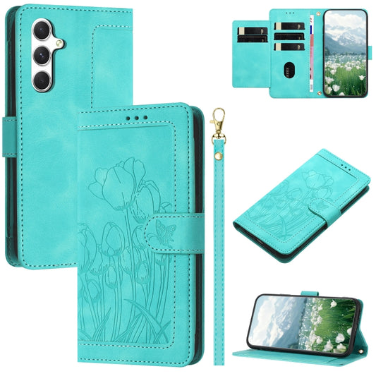 For Samsung Galaxy S25+ 5G Tulips Embossed Leather Phone Case with Lanyard(Green) - Galaxy S25+ 5G Cases by buy2fix | Online Shopping UK | buy2fix