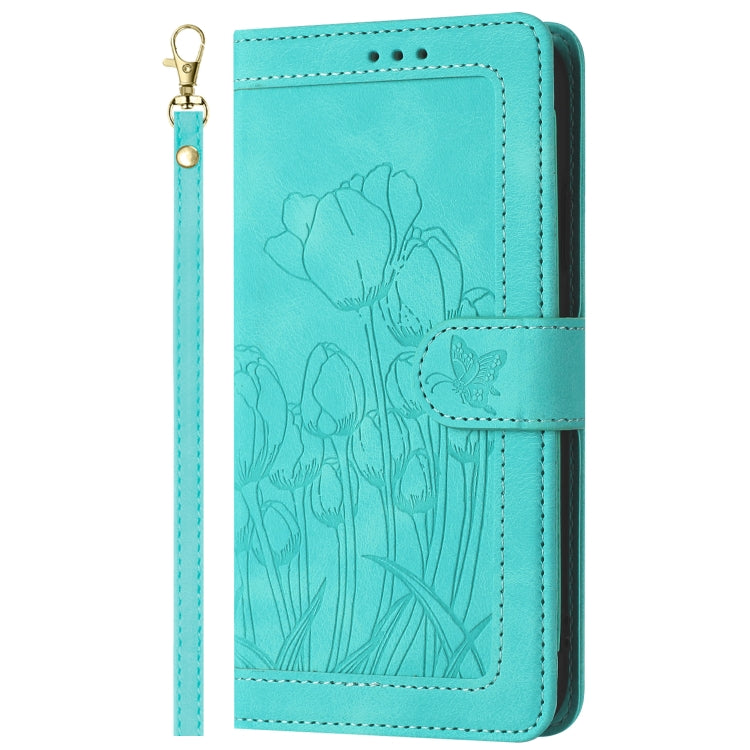 For Samsung Galaxy S25 5G Tulips Embossed Leather Phone Case with Lanyard(Green) - Galaxy S25 5G Cases by buy2fix | Online Shopping UK | buy2fix