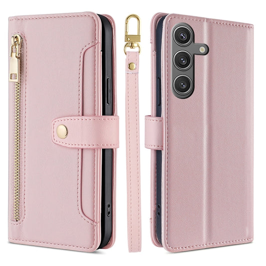 For Samsung Galaxy S25 5G Sheep Texture Cross-body Zipper Wallet Leather Phone Case(Pink) - Galaxy S25 5G Cases by buy2fix | Online Shopping UK | buy2fix