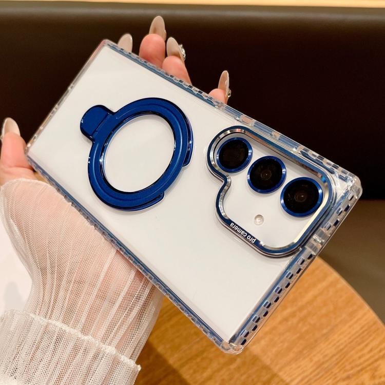 For Samsung Galaxy S25+ 5G Transparent MagSafe Holder Phone Case with Lens Film(Blue) - Galaxy S25+ 5G Cases by buy2fix | Online Shopping UK | buy2fix