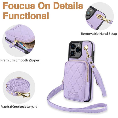 For iPhone 16 Pro AwQuer Crossbody Zipper Wallet Bag Litchi Leather Phone Case(Light Purple) - iPhone 16 Pro Cases by Awquer | Online Shopping UK | buy2fix