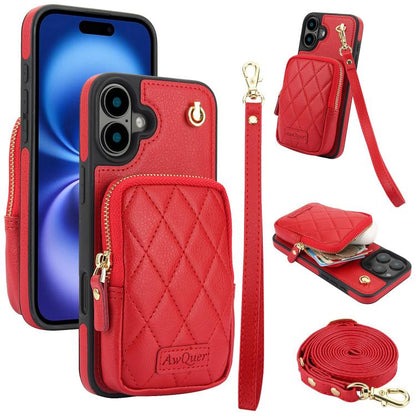 For iPhone 16 Plus AwQuer Crossbody Zipper Wallet Bag Litchi Leather Phone Case(Red) - iPhone 16 Plus Cases by Awquer | Online Shopping UK | buy2fix