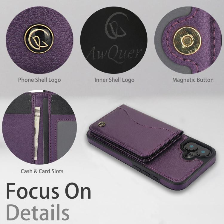 For iPhone 16 AwQuer Horizontal Flip Card Bag Holder Leather Phone Case(Dark Purple) - iPhone 16 Cases by Awquer | Online Shopping UK | buy2fix