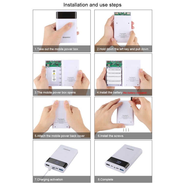 HAWEEL DIY 4x 18650 Battery (Not Included) 12000mAh Dual-way QC Charger Power Bank Shell Box with 2x USB Output & Display,  Support QC 2.0 / QC 3.0 / FCP / SFCP /  AFC / MTK / BC 1.2 / PD(White) - Power Bank Box by buy2fix | Online Shopping UK | buy2fix