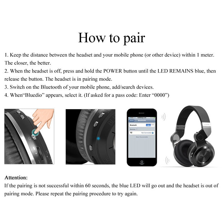 Bluedio T2 Turbine Wireless Bluetooth 4.1 Stereo Headphones Headset with Mic, For iPhone, Samsung, Huawei, Xiaomi, HTC and Other Smartphones, All Audio Devices(Black) - Headset & Headphone by Bluedio | Online Shopping UK | buy2fix