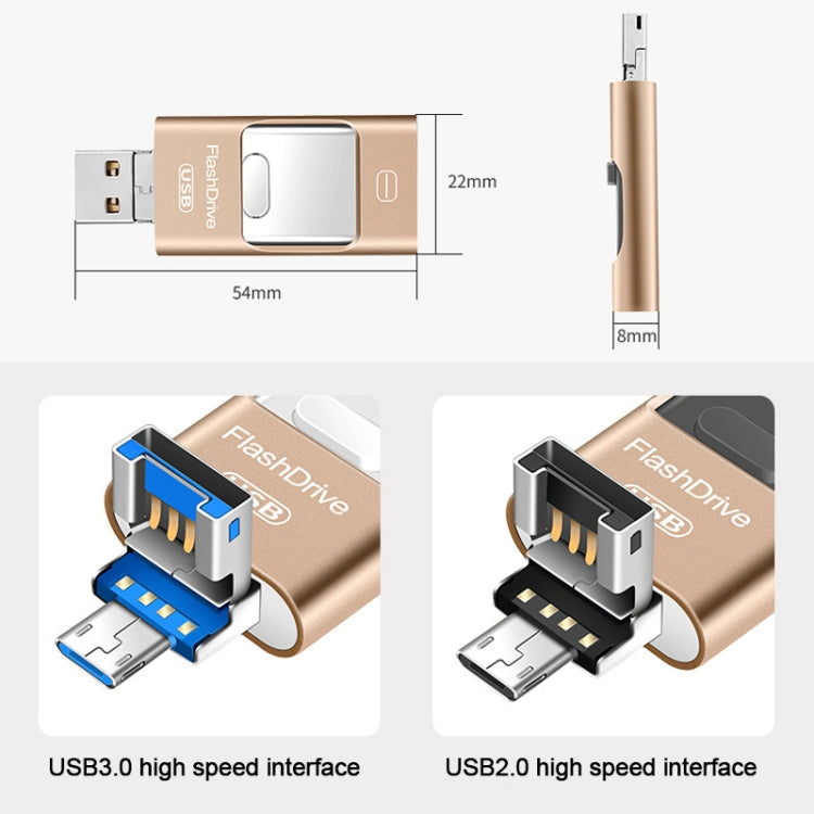 128GB USB 3.0 + 8 Pin + Mirco USB Android iPhone Computer Dual-use Metal Flash Drive (Rose Gold) - U Disk & Card Reader by buy2fix | Online Shopping UK | buy2fix