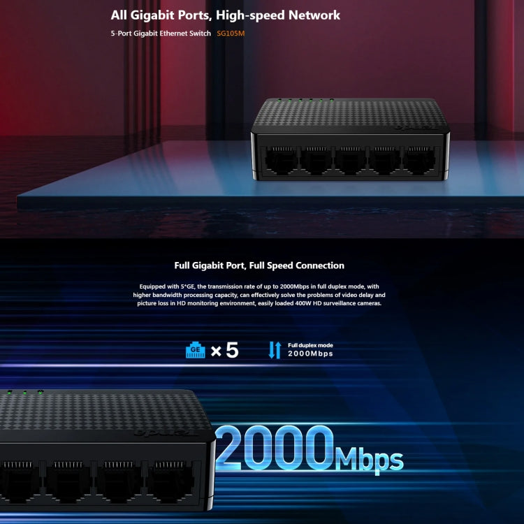 Tenda SG105M All Gigabit Ports High-speed Network 5-Port Ethernet Switch 1000Mbps Fast LAN HUB - Switch by Tenda | Online Shopping UK | buy2fix