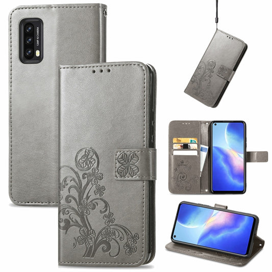 For Blackview A90 Four-leaf Clasp Embossed Buckle Mobile Phone Protection Leather Case with Lanyard & Card Slot & Wallet & Bracket Function(Gray) -  by buy2fix | Online Shopping UK | buy2fix