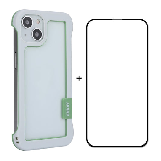 For iPhone 13 ENKAY Frameless Hollow PC Case + Glass Film(White) - iPhone 13 Cases by ENKAY | Online Shopping UK | buy2fix