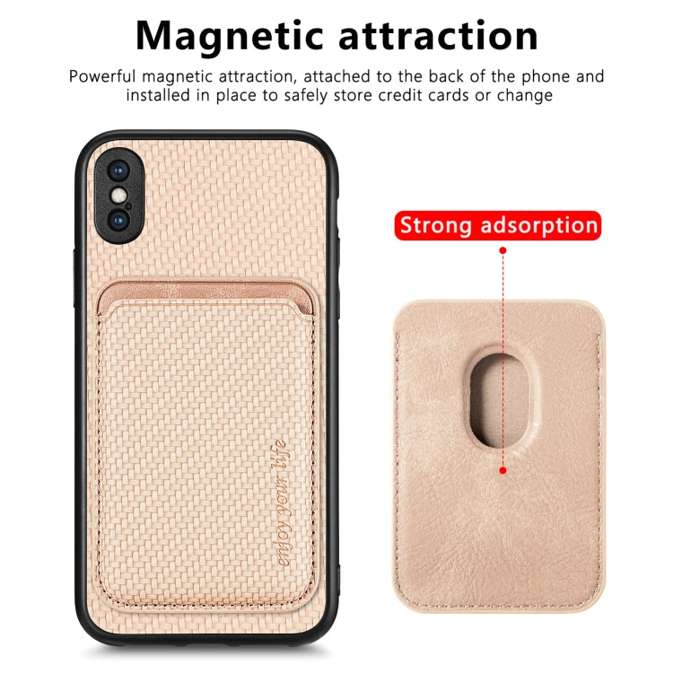 For iPhone X / XS Carbon Fiber Leather Card Magsafe Magnetic Phone Case(Khaki) - More iPhone Cases by buy2fix | Online Shopping UK | buy2fix