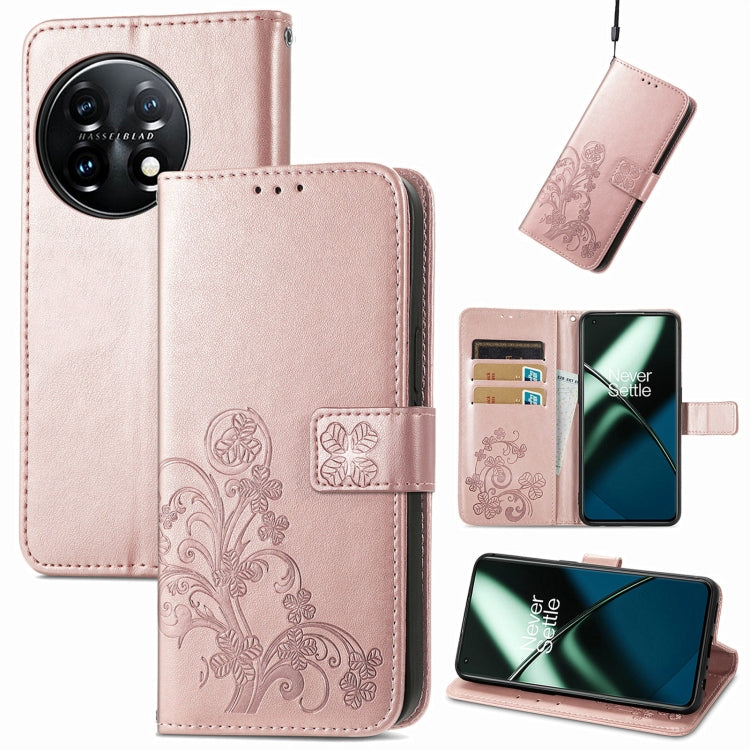 For OnePlus 11 Four-leaf Clasp Embossed Buckle Leather Phone Case(Rose Gold) - OnePlus Cases by buy2fix | Online Shopping UK | buy2fix