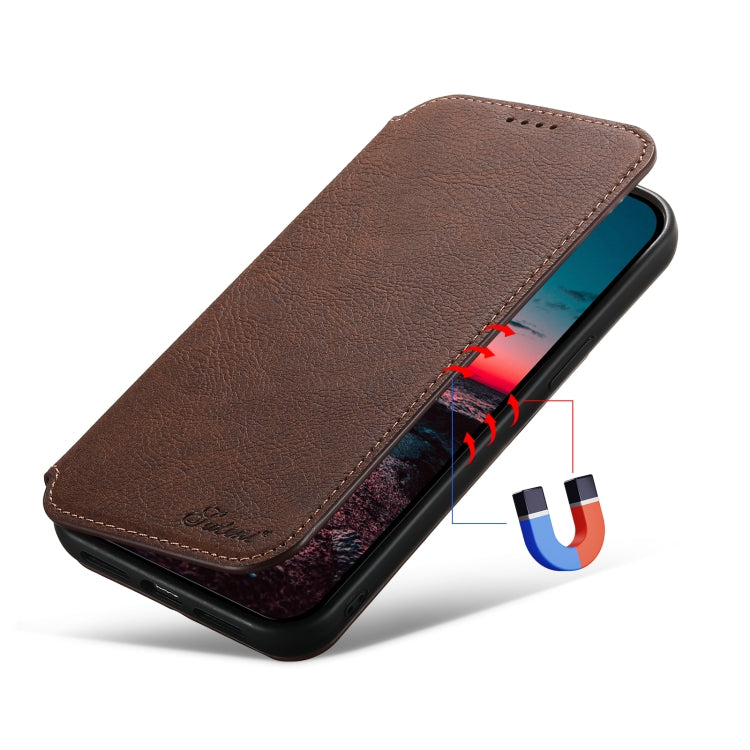 For iPhone 13 Pro Suteni J06 Retro Matte Litchi Texture Leather Magnetic Magsafe Phone Case(Brown) - iPhone 13 Pro Cases by Suteni | Online Shopping UK | buy2fix