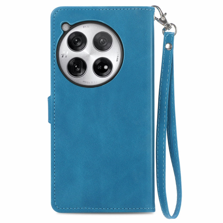 For OnePlus 12 Embossed Flower Zipper Leather Phone Case(Blue) - OnePlus Cases by buy2fix | Online Shopping UK | buy2fix